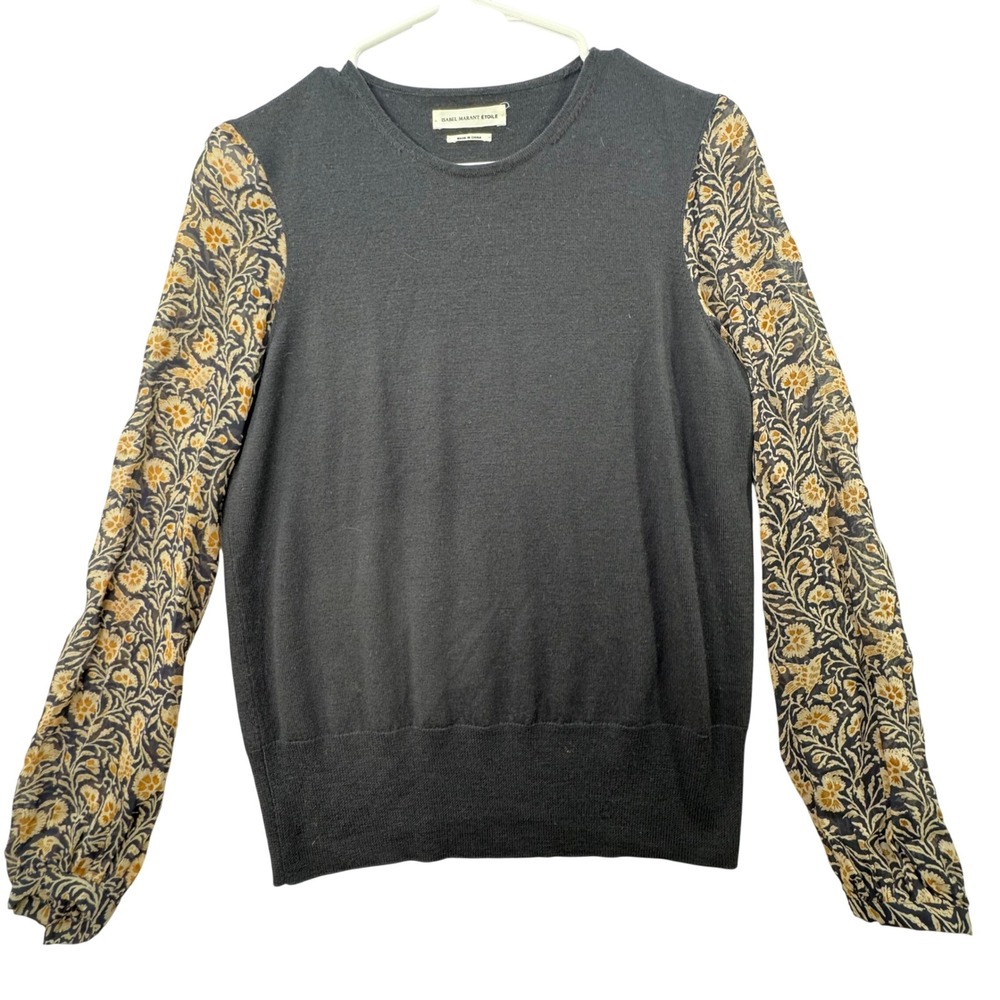 Isabel Marant Etoile Wool Sweater Womens 38 Grey w/ Floral Sheer Sleeve Chic